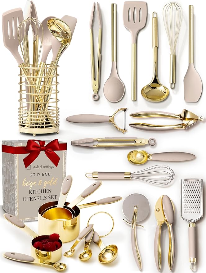 Styled Settings 23-Piece Beige and Gold Utensils Set – Silicone Nonstick Cooking Tools with Garlic Press, Can Opener, Measuring Cups, Utensil Holder – Luxury Kitchen Accessories for Modern Homes