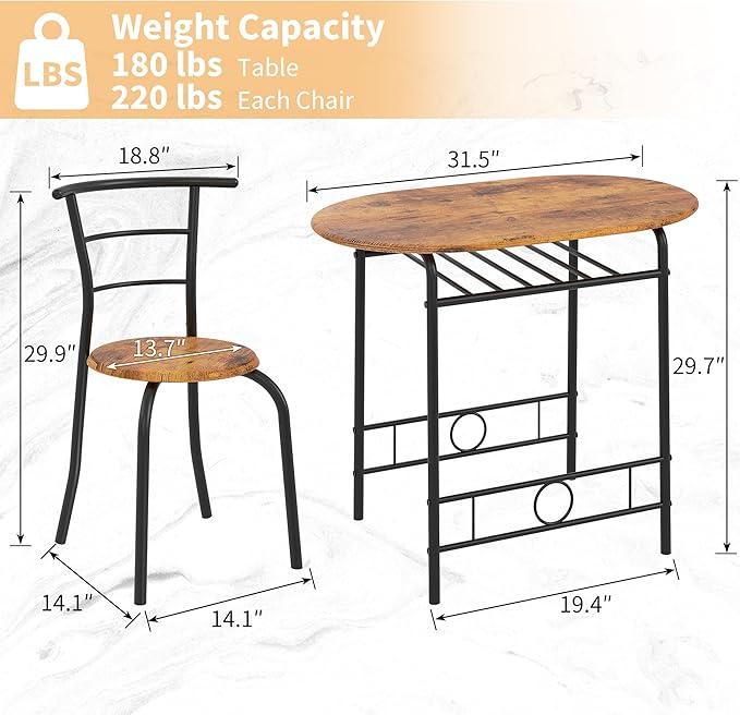 VECELO 3-Piece Dining Table Set for Kitchen Breakfast Nook, Wood Grain Oval Tabletop and Metal Frame with Built-in Wine Rack, for Small Spaces, Antique Brown & Black