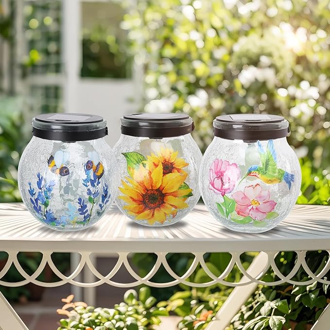 WONDER GARDEN Solar Lanterns Outdoor Waterproof, 3 Pack Hanging Solar Lights Decorative, Sunflower Hummingbird Bee Glass Garden Lantern Light for Yard Outside Patio Outside Decor Gift, White Light