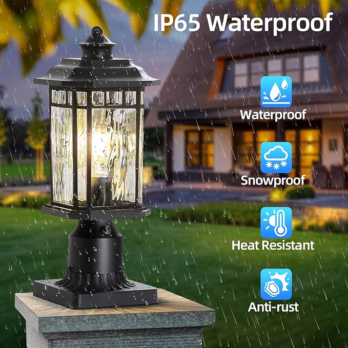 DASTOR 2 Pack Outdoor Post Lights, Dusk to Dawn Outdoor Lamp Post Light Fixture with Pier Mount Base, Waterproof Aluminum Post Lantern for Garden Patio Pathway