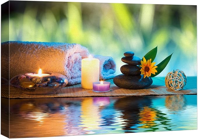 wall26 Canvas Print Wall Art Candles and Towels with Black Zen Stones and Orange Daisy Nature Floral Photography Realism Rustic Colorful Multicolor Ultra for Living Room, Bedroom, Office - 24"x36"