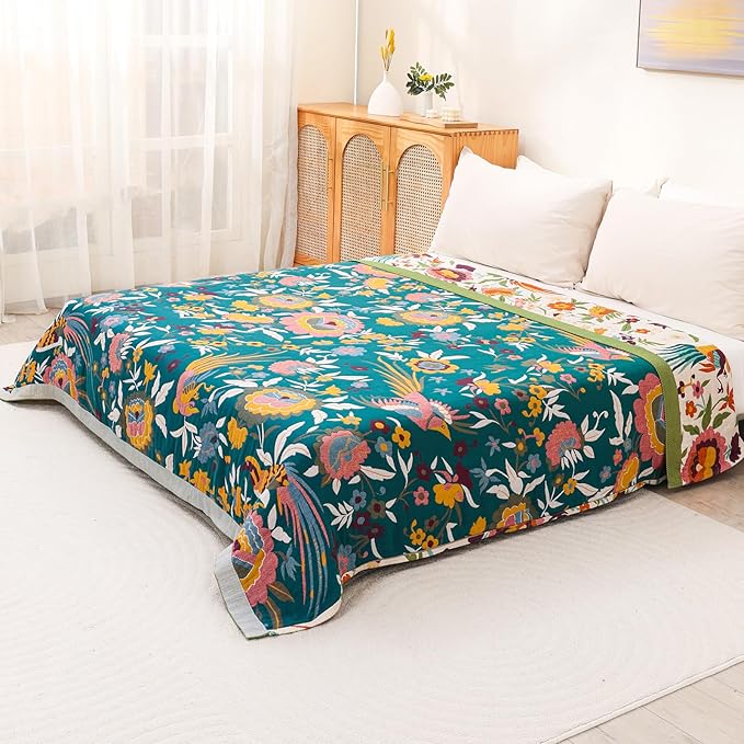 Boho Throw Blanket for Bed Couch 100% Cotton Ultra Soft Large Rustic Quilt t Queen Blanket,Bird Floral Printed Farmhouse Bed Blankets 80"×90", Decorative Reversible Muslin Bed Cover for All Seasons