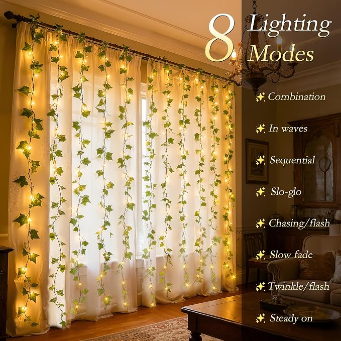 66FT Ivy Vines with Fairy Lights, IP44 Waterproof 200LED String Lights with 8 Modes & Timer, Battery Operated Artificial Greenery Garland for Aesthetic Bedroom Wall Decor, Party, Wedding