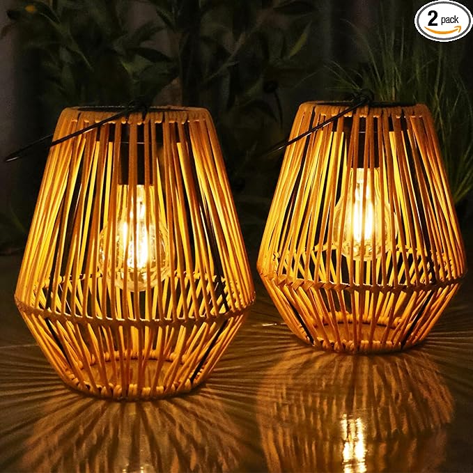 2 Pack Hanging Solar Lanterns Outdoor Waterproof, Rattan Lanterns Hanging Solar Lights, Outdoor Lamp Decorations for Yard Garden Pathway Porch Patio Outside Decor