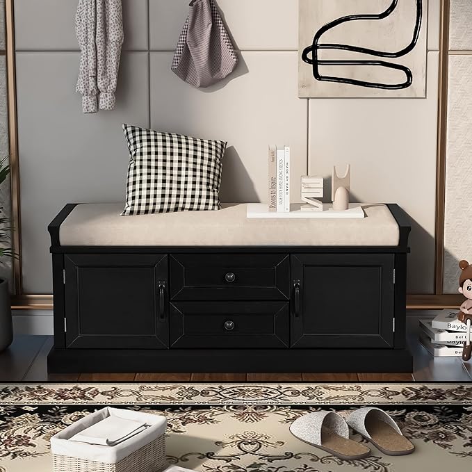 Entryway Storage Bench with Drawers & Cabinets — Cushioned Shoe Storage Bench for Hallway, Mudroom, or Living Room, Solid Wood Frame (Black)