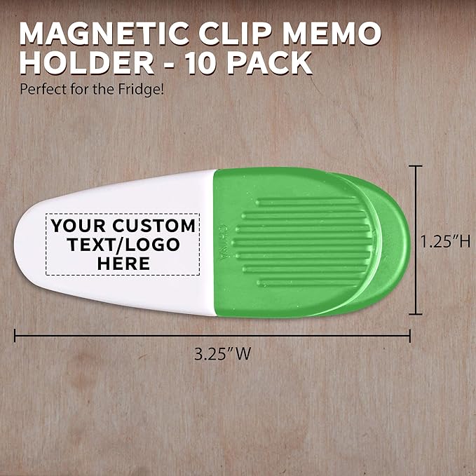 10 Magnetic Memo Holders Set - Customizable Text, Logo - Large Clip, Plastic - White Green