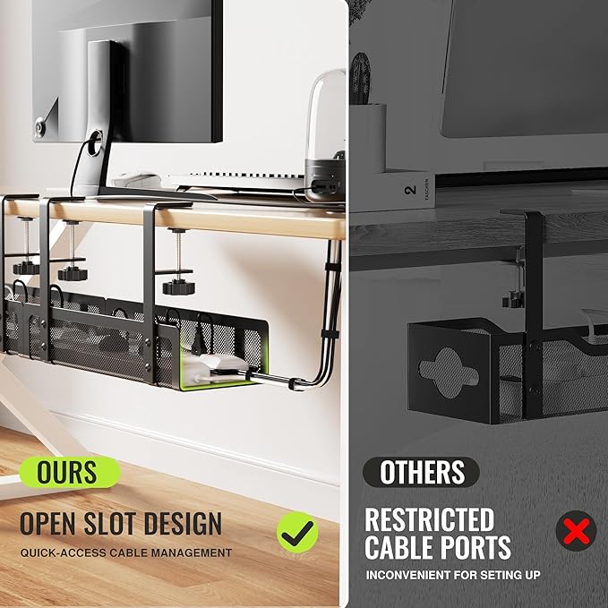 [Upgraded] 2 Pack Cable Management Under Desk Tray, Xpatee 27.6" No Drill Open Slots Cable Management Tray, Cord Wire Organizer Box with Clamp for Table Thickness up to 3" - No Desk Damage(Black)