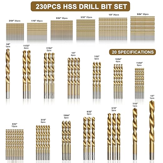 BeHappy 230 Pcs Drill Bit Set, 135° Tip Titanium Coated High Speed Steel, Twist Drill Bit Kit for Iron, Aluminum Alloy, Copper, Wood, Plastic, with Hard Storage(/16“-1/2”