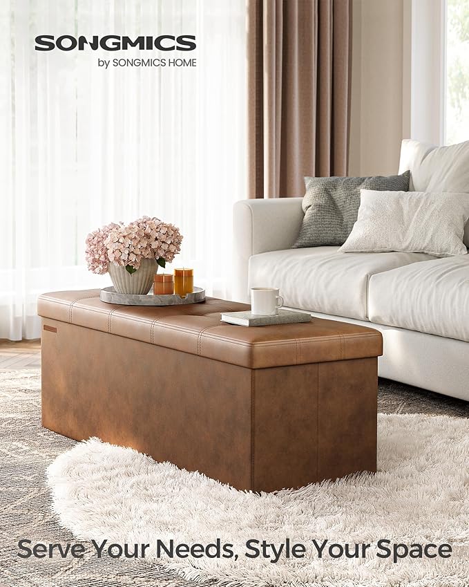 SONGMICS Mazie Collection - 43 Inches Folding Storage Ottoman Bench, Ottoman with Storage, Foot Rest Stool, Load 660 lb, Living Room, Bedroom, Entryway, Synthetic Leather, Coffee Brown ULSF070K01