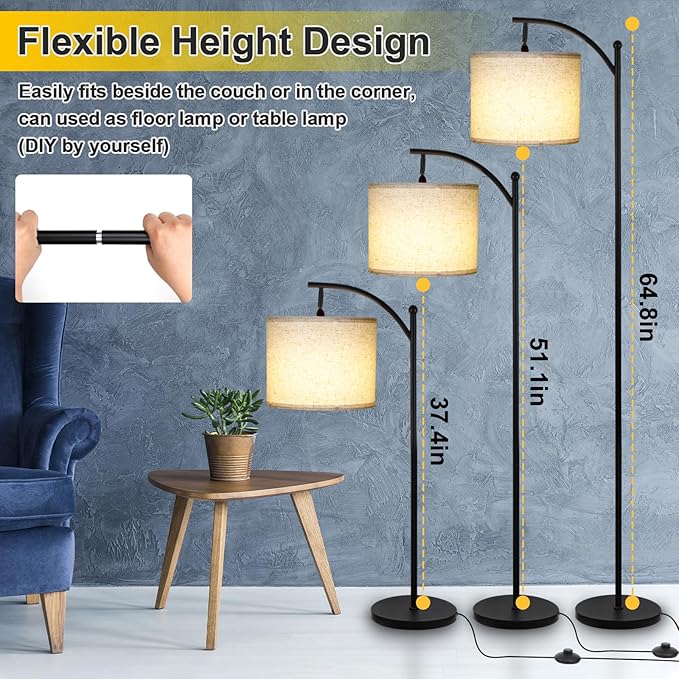 Modern Floor Lamp, 3-Ways Dimmable Standing Lamp with Linen Shade, Adjustable Height, Foot-Step Switch, Reading Lamp for Living Room, Bedroom, Office, 9W Bulb Included (Black)