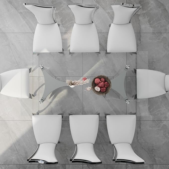Asday 78" Glass Dining Table, Silver Dining Room Table with Double Pedestal Mirrored Stainless Steel Base, Large Modern Rectangular Kitchen Table for 6-8