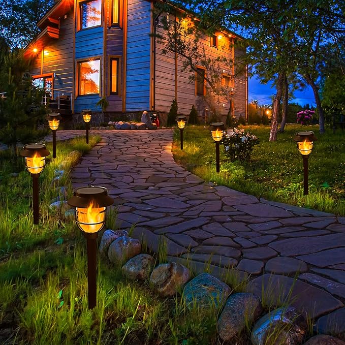 10 Pack Solar Pathway Lights Outdoor - Bright Solar Powered Garden Lights with Flickering Flame, Auto On/Off Waterproof Path Lights Decorative, Landscape Lighting for Yard Patio Walkway Driveway