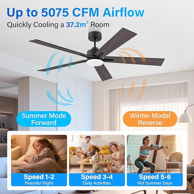 60” Smart Ceiling Fan with Lights Remote,Control via Alexa Google App Wifi,Silent DC Motor,Dimmable,Outdoor Indoor Modern Ceiling Fans for Large Bedroom Living Room Kitchen Patio,Black Walnut Brown