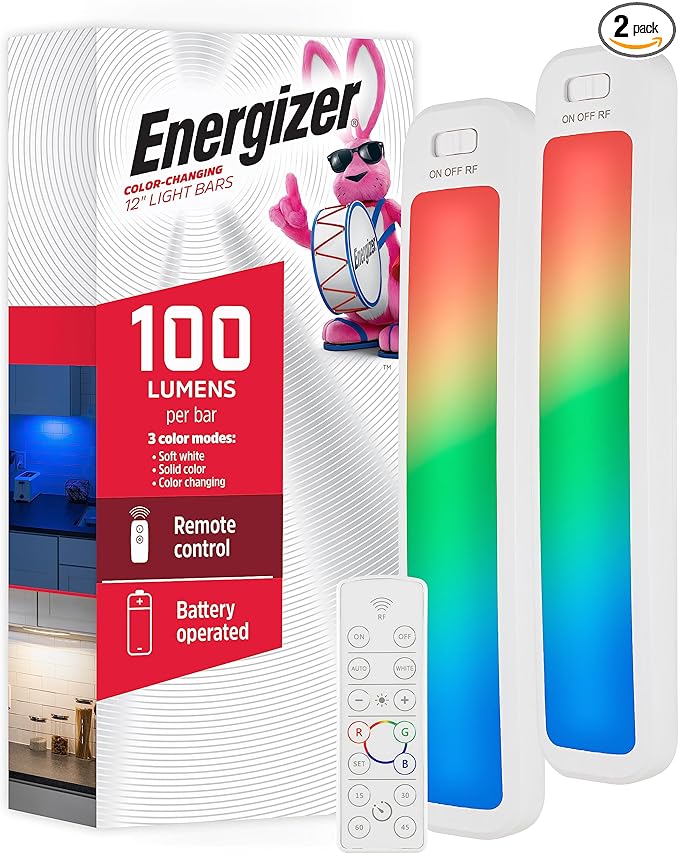 Energizer Under Cabinet Light, Color Changing, Battery Operated LED Lights with Remote, 12 Inch, 100 Lumens, Wireless Under Cabinet Lighting, Closet Lighting, Stick On Lights, Kitchen Lights, 44578
