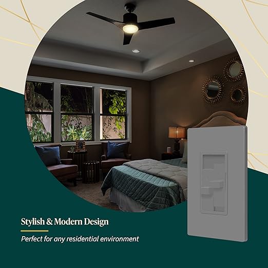 TOPGREENER Kalide Combo Dimmer Switch with 3-Speed Fan Control, Light and Fan Combination Switch, Single Pole, 2.5A, 200W LED/CFL, Neutral Wire Not Required, TGDSFS3-GY, Gray