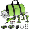 GREENWORKS 24V (5-TOOL) Combo (Drill + Impact Driver + Circular Saw + Multi-Tool + Flashlight), 4.0Ah + 2.0Ah (24,000mAh Power Bank) Batteries, (2) Cables, 65W Rapid Charger