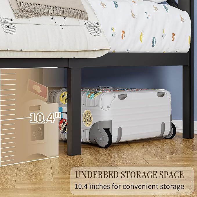 Queen Size Black Metal Bed Frame with USB Charging Station, LED Ambient Lighting, and Wooden Storage Headboard - Includes Under-Bed Storage, No Box Spring Needed, Noise Free, Easy Assembly