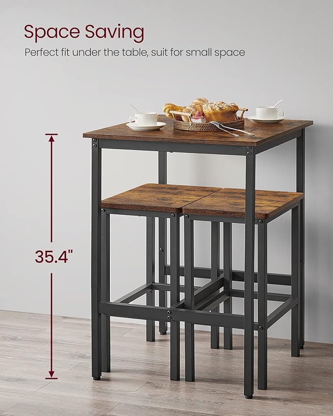 VASAGLE Bar Table and Chairs Set, Square Table with 2 Stools, Dining Pub Set for 2, Space Saving for Kitchen Breakfast, Living Room, Party Room, Rustic Brown and Ink Black