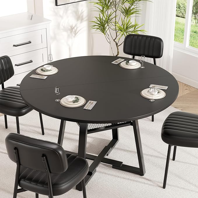 Round Dining Table for 2-4 People,42 Inch Dining Room Table,Modern Circle Kitchen Table with Storage Shelf and Metal Legs for Dining Room,Kitchen,Black (Table Only)
