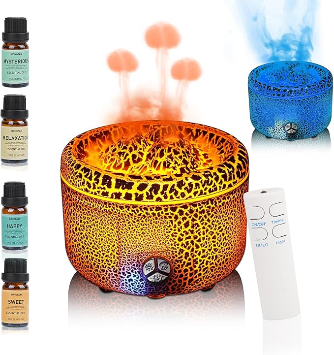 BOHOFAM Essential Oil Diffuser 500ML,Volcano and Flame Diffuser/Humidifier 2 Mode,Three Volcanic Vent Diffusers for Home,Included 4 Hotel Collection Diffuser Oil for Bedroom(Gray Crack)