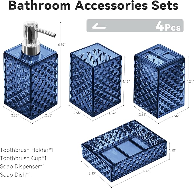 Bathroom Accessory Set, 4 PCS Blue Bathroom Accessories Sets, Soap Dispenser and Toothbrush Holder Set, Soap Dish and Mouthwash Cup, Boho Bathroom Decor, Bathroom Sets Accessories