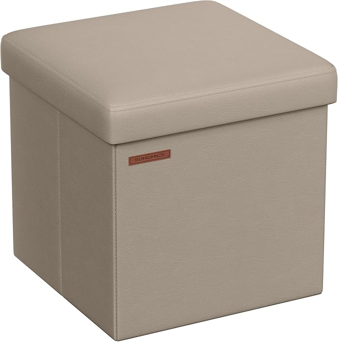 SONGMICS Mazie Collection - 15 Inches Ottoman with Storage, Footstool, Storage Ottoman, Load 660 lb, for Dorm, Living Room, Bedroom, Synthetic Leather, Camel Brown ULSF010K03