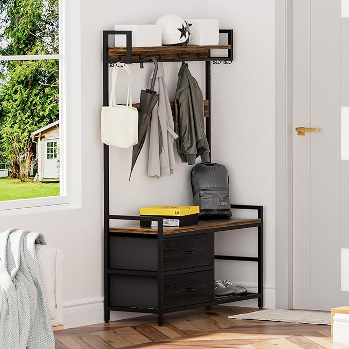Entryway Hall Tree Bench Organizer, Coat Garment Rack Shelf Rail, Shoe Storage Tiers, Two Sliding Fabric Drawers, Movable Hooks Set, Hanger Rod, Metal Frame, Corner Mudroom Foyer Closet Stand