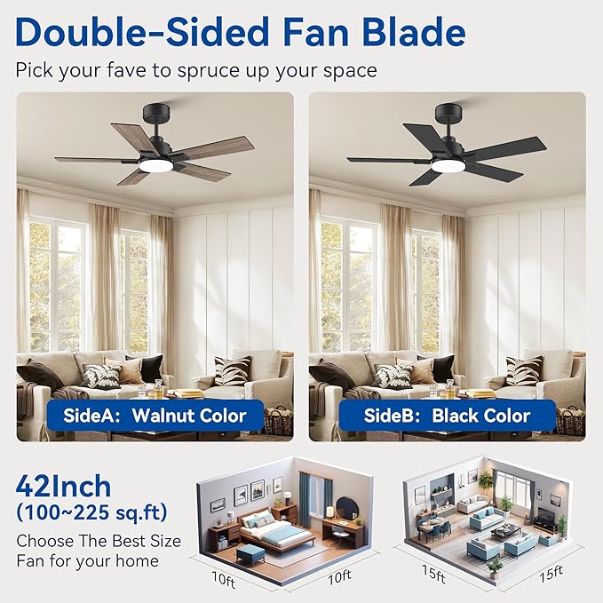 42Inch Smart Ceiling Fan with Lights Remote,APP&Voice Alexa WIFI Controled,Quiet Reversible DC Motor,Dimmable LED,Indoor Outdoor,Small Modern Ceiling Fan,for Bedroom Patio Porch,Black&Walnut