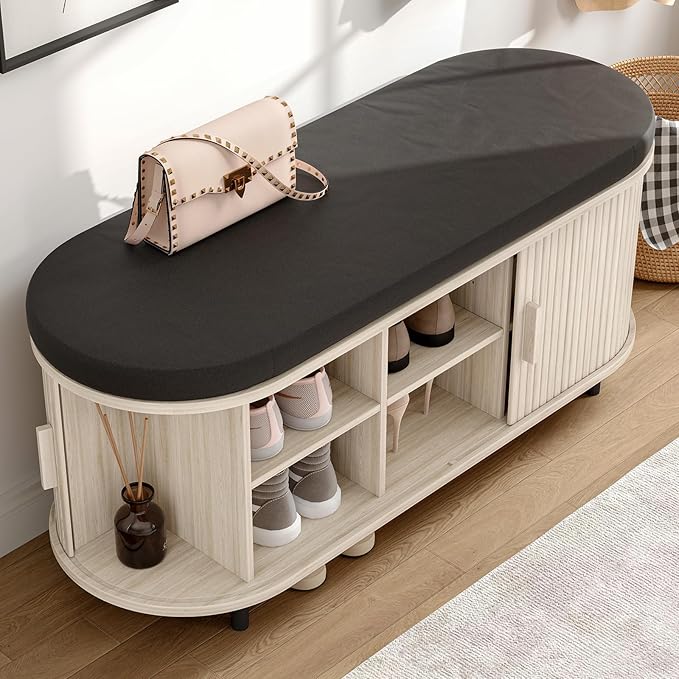ONBRILL 43" Shoe Bench with Storage, Fluted Shoe Storage Bench with Cushion, Sliding Door and Adjustable Shelf, for Entryway, Hallway, Living Room, Natural White
