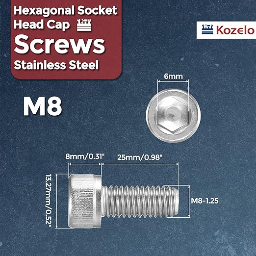 Kozelo 10pcs Socket Head Cap Screws - [M8-1.25 x 25mm] 304 Stainless Steel Allen Socket Drive for Electrical Motor 3D Printing Fan Engine Replacement Use, Silver