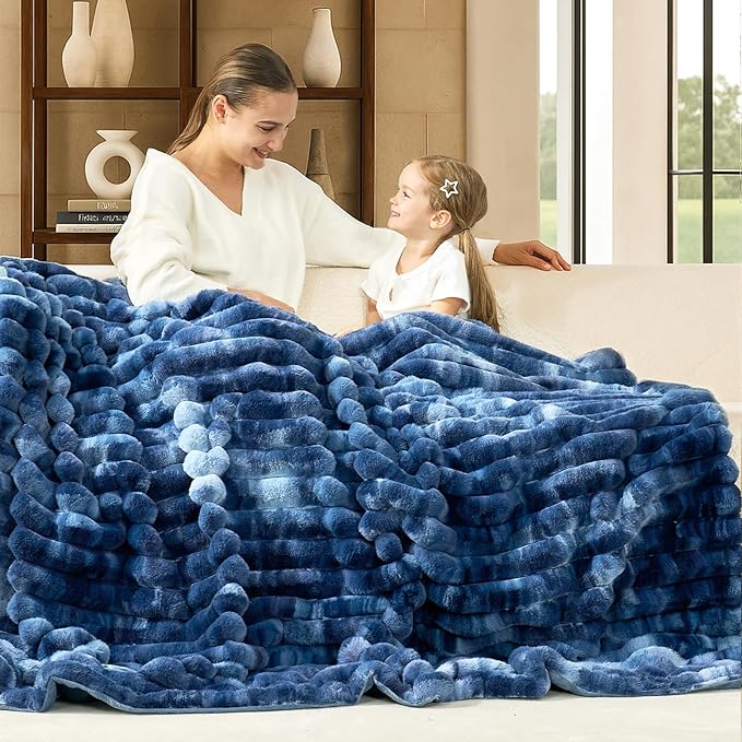 Cozy Bliss Faux Fur Throw Blanket for Couch, Cozy Warm Plush Striped Blanket for Sofa Bedroom Living Room, 50 * 60 Inches Tie-dye Blue