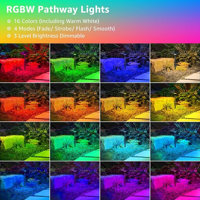 SUNVIE All-in-One RGBW Landscape Lighting Kit, 8 Pack Color Changing Low Voltage Landscape Lights with Connector Transformer 100FT Wire, 3W Multi-Color Pathway Lights for Holiday Walkway Garden Yard