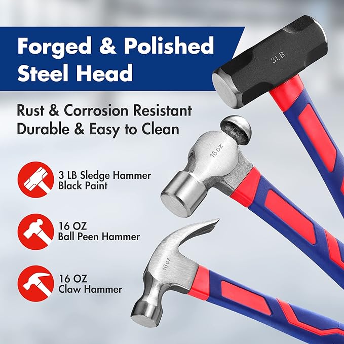 WORKPRO 5-Piece forge/Polish Steel Head, Fiberglass Handle Set - 32oz Rubber Mallet | 16oz Claw & Ball-Peen Hammers | 3lb Sledge | 22oz Double-Faced Mallet