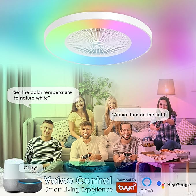 24" RGB Bladeless Ceiling Fan with Light, Low Profile Ceiling Fan with APP/Voice/Remote Control, 6-Speed Quiet DC Motor, Dimmable Color Changing LED, White