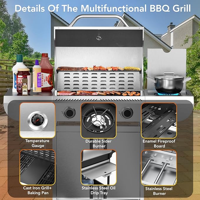 G41 Pro BBQ Grill,Heavy-Duty Stainless Steel Gas Grill, 4 Burner Gas Grill with Side Burner,42000 BTU Propane Grill for Outdoor Cooking,Barbecue,Garden and Patio Backyard