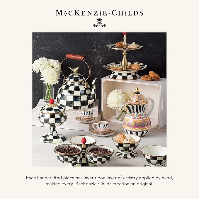 MACKENZIE-CHILDS Enamel Round Tray, Unique Serving Platter for Food and Drinks, Black-and-White Courtly Check