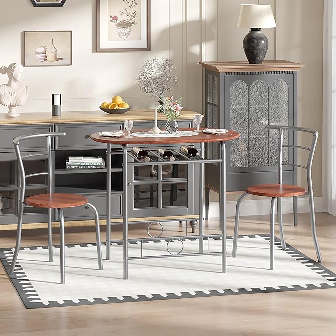 VECELO 3-Piece Dining Table Set for Kitchen Breakfast Nook, Wood Grain Oval Tabletop and Metal Frame with Built-in Wine Rack, for Small Spaces, Brown & Silver