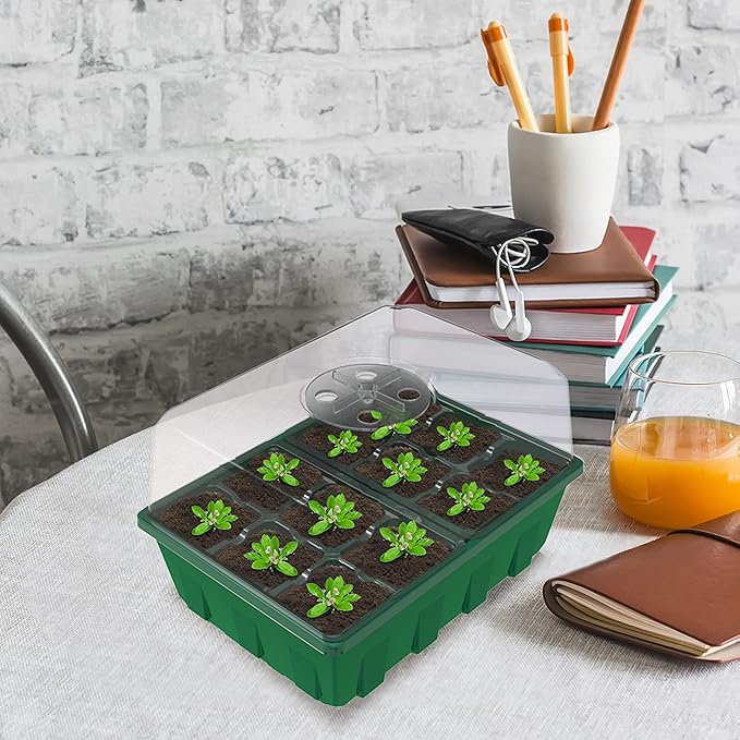 Gardzen 10-Set Garden Propagator Set, Clear Seed Tray Kits with 120-Cell, Seed Starter Trays with Dome and Green Base 6.6" x 4.5" (12-Cell Per Tray)