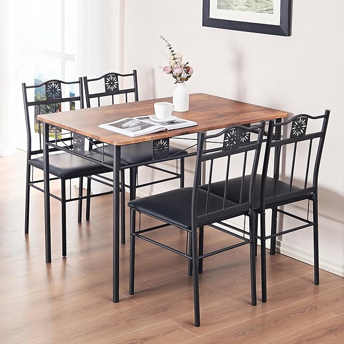 VECELO Kitchen Dining Room Table Sets for 4, 5 Piece Metal and Wood Rectangular Breakfast Nook, Dinette with Chairs, Retro Brown