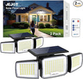 JEJOT Solar Security Light Outdoor,Solar Flood Light with Active Motion Sensor,3 Heads 270° Wide Angle,Remote Control,IP65 Waterproof, 3 Modes (2 Packs)
