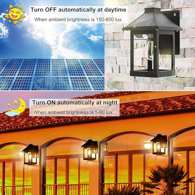 2 Pack Solar Wall Lanterns Outdoor with 3 Modes, Dusk to Dawn Motion Sensor LED Sconce Lights IP65 Waterproof, Exterior Front Porch Security Lamps Wall Mount Patio Fence Garage Decorative