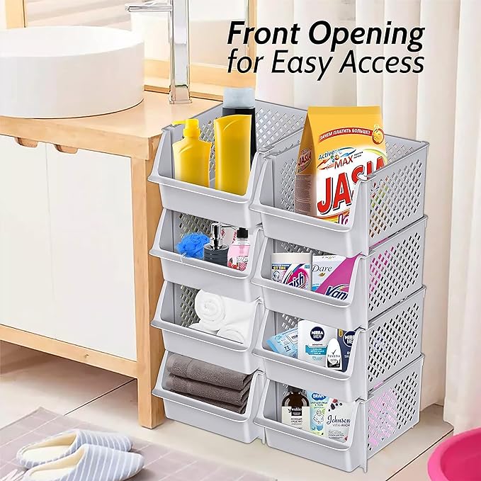 TidyFriend Stackable Storage Bins for Pantry, 4 Pack Stackable Bins For Organizing Food, Kitchen, and Bathroom Essentials (Light Grey)