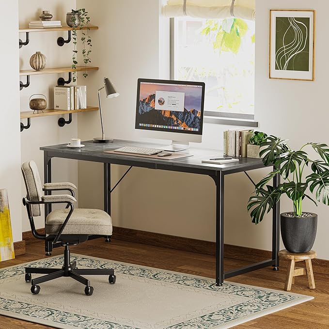 Huuger Computer Gaming Desk, 63 Inch Office Desk with Storage, Writing Work Surface for Home Office, Study, Modern Simple Style, Large Legroom, Metal Frame, Grey