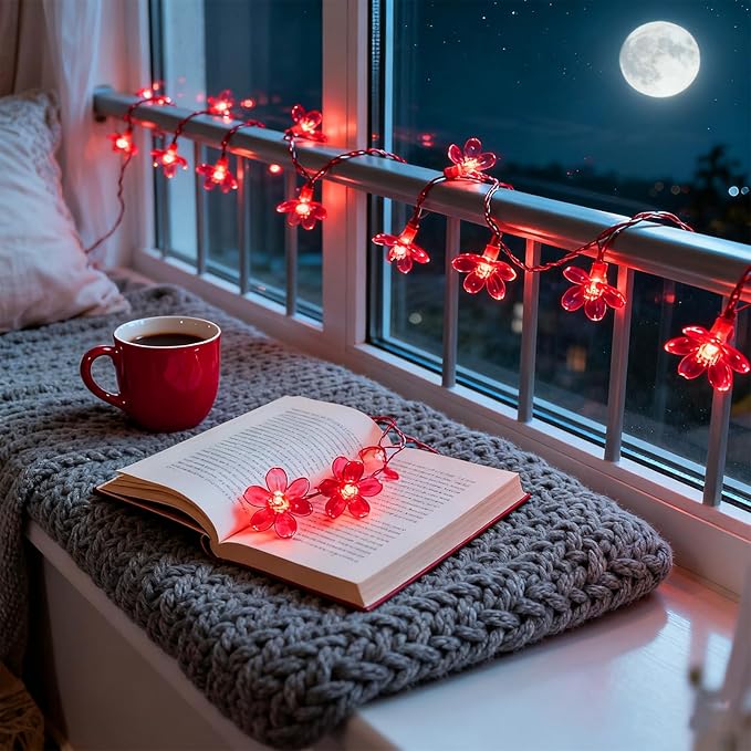 Cherry Blossom Flower String Lights, 100 led 33 feet 8 Mode Plug in Fairy Lights for Valentine's Day, Wedding, Birthday Party, Christmas Easter Tree Hanging Decorations (Red)