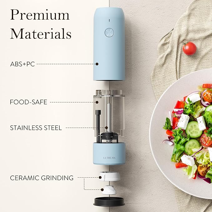 Ultrean Electric Pepper Grinder, Rechargeable Salt and Pepper Grinder with 6 Adjustable Coarseness, LED Light, One-Hand Automatic Operation, Sky Blue