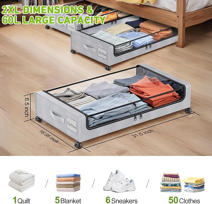 Beborxue Under Bed Storage with Wheels, 2-Pack Under the Bed Storage Containers with Lids, XXL 60L Under Bed Shoe Storage Organizer Bins, Rolling Underbed Storage for Clothes, Shoes, Blankets (Gray)