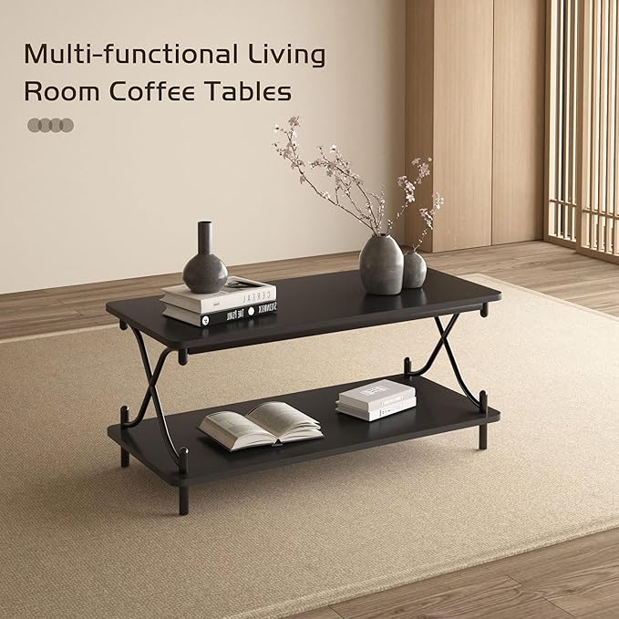 VECELO 39-Inch Coffee Table with Storage and Open Shelves for Living Dining Room, Modern Rectangle & Industrial Design, X-Shape Frame, Black