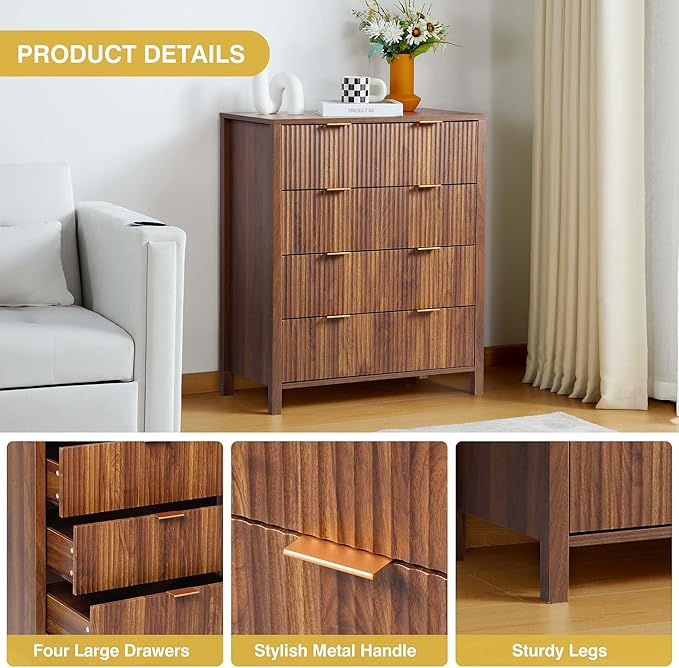 4 Drawer Double Dressers for Bedroom with Waveform Fluted Panel Design, Modern Wide Chest of Drawers,Wood Storage Dresser Chest of Drawers for Bedroom Living Room Hallway Closet,Walnut 2 Sets