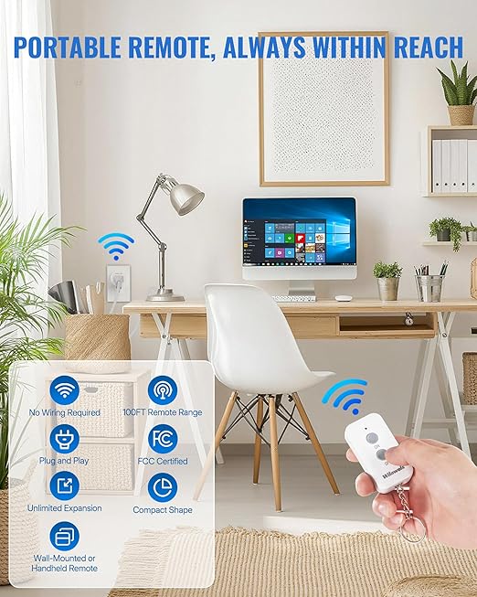 Remote Control Outlet Plug, WILAWELS Wireless Remote On Off Switch for Outlet, Remote Light Switch for Lamp, Light, Programmable, 100ft RF Range, 15A/1875W, Battery Included, FCC Listed W11RC1106