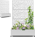 Metal Raised Garden Bed with Trellis Privacy Screen, Large Planters Box with Wheels & Drainage Holes for Climbing Plants (47" L×16" W×71" H, White Leaf)